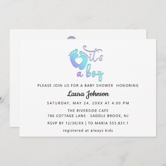 それは男の子の新生児シャワーブルーホワイトハート足 招待状 (正面/裏面)