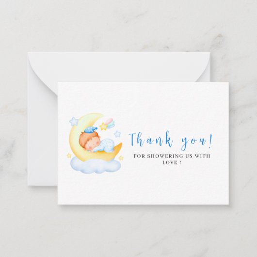それは男の子の水色の青い赤ん坊シャワー感謝していあなた ノートカード (正面)