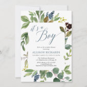 それは男の子の緑の葉の群葉の素朴なベビーシャワーです 招待状 (正面)