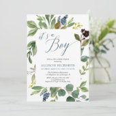 それは男の子の緑の葉の群葉の素朴なベビーシャワーです 招待状 (スタンド正面)