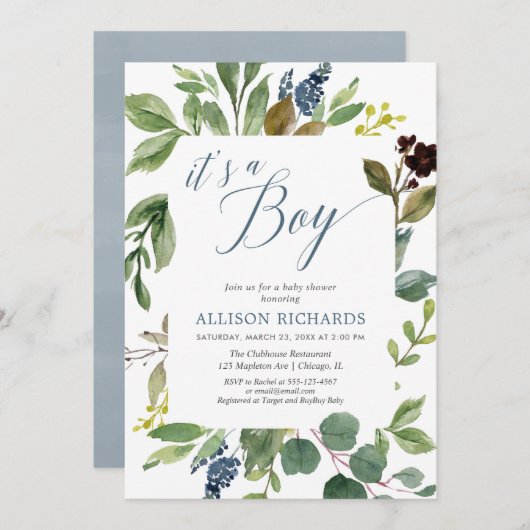 それは男の子の緑の葉の群葉の素朴なベビーシャワーです 招待状 (正面/裏面)