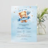 それは男の子の赤ちゃんシャワーの招待テディベア 招待状 (スタンド正面)