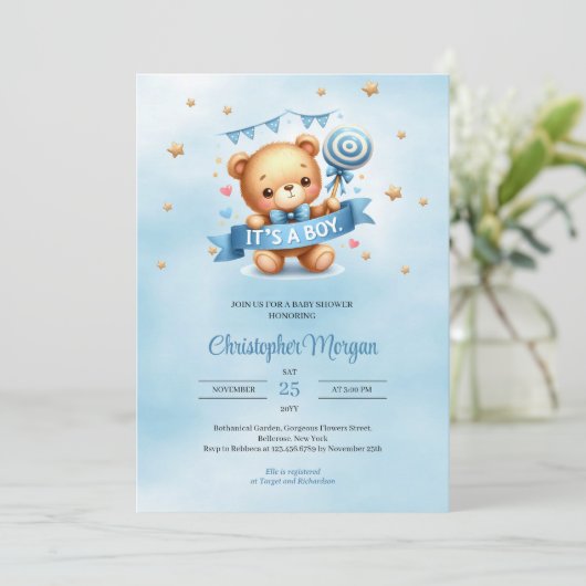 それは男の子の赤ちゃんシャワーの招待テディベア 招待状 (スタンド正面)