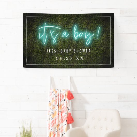 それは男の子の青いネオンBoxwoodのベビーシャワーです 横断幕 (インサイチュ)