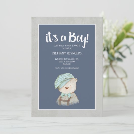 それは男の子の青いヴィンテージテディベア赤ちゃんシャワーだ 招待状 (スタンド正面)