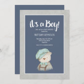 それは男の子の青いヴィンテージテディベア赤ちゃんシャワーだ 招待状 (正面/裏面)