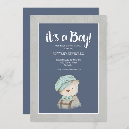 それは男の子の青いヴィンテージテディベア赤ちゃんシャワーだ 招待状 (正面/裏面)