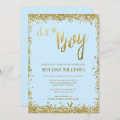 それは男の子の青くフェイクな金ゴールドのグリッターのベビーシャワーです 招待状 (正面/裏面)