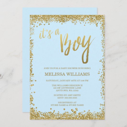 それは男の子の青くフェイクな金ゴールドのグリッターのベビーシャワーです 招待状 (正面/裏面)