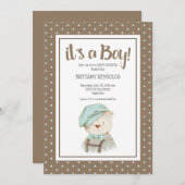 それは男の子タン水玉模様テディベア赤ちゃんシャワー 招待状 (正面/裏面)
