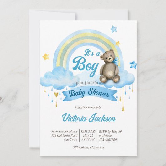 それは男の子テディベアの虹の雲の赤ちゃんシャワー 招待状 (正面)