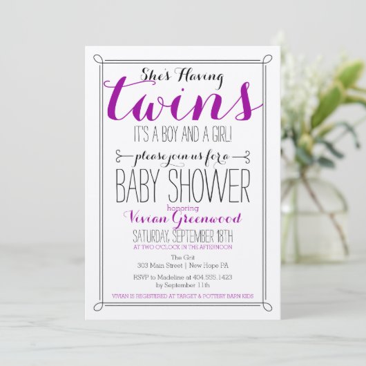 それは男の子及び女の子の双生児のベビーシャワーの招待状です 招待状 (スタンド正面)