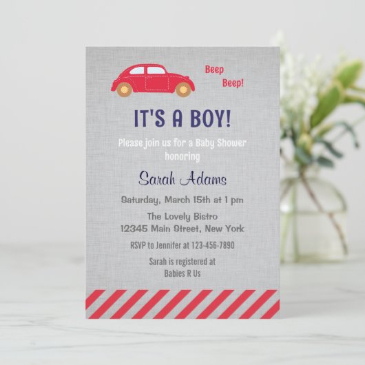 それは男の子車のベビーシャワーの招待状です 招待状 (スタンド正面)