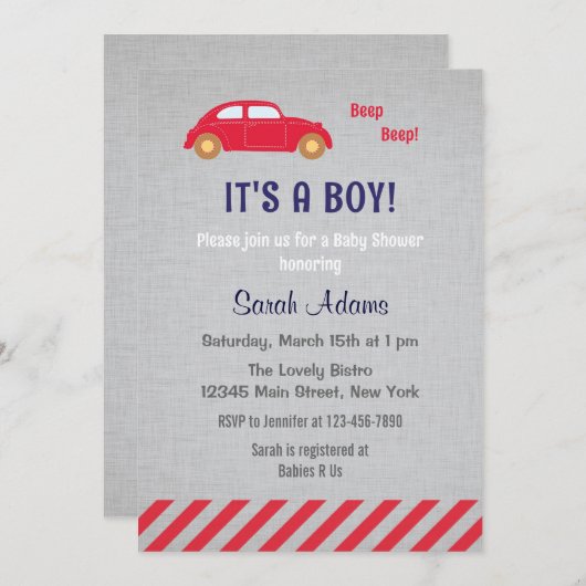 それは男の子車のベビーシャワーの招待状です 招待状 (正面/裏面)
