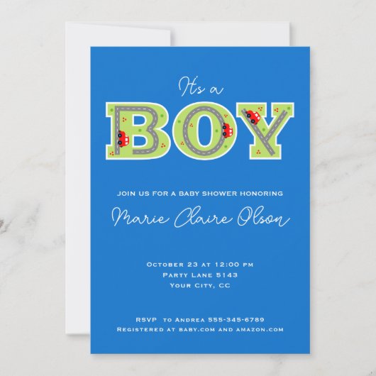 それは男の子、車の赤ちゃんシャワーの招待だ 招待状 (正面)