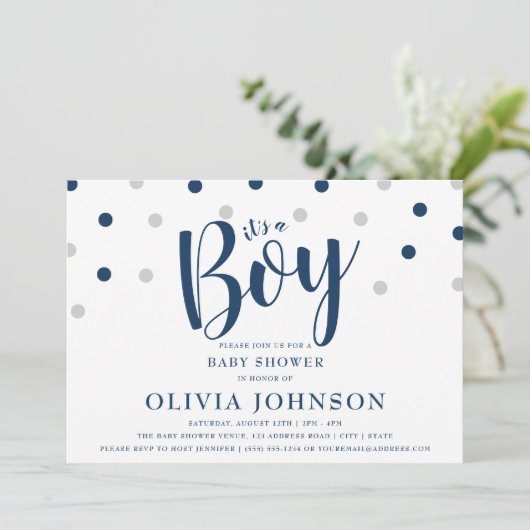 それは男の子-青いベビーシャワー招待状です 招待状 (スタンド正面)