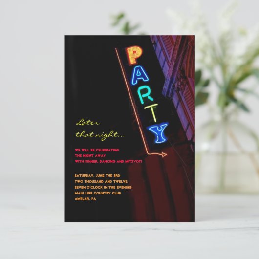 それは電気です!  ネオンサインのバーの（ユダヤ教の）バル・ミツバーの応答カード 招待状 (スタンド正面)