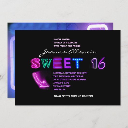 それは電気です! ネオンサインのSweet sixteenの招待状 招待状 (正面/裏面)