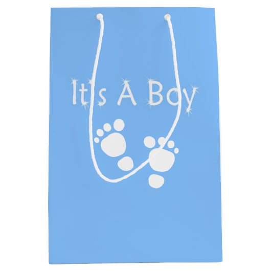 それは青いベビー足そして白い点を持つ男の子です ミディアムペーパーバッグ (正面)