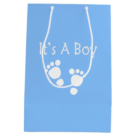それは青いベビー足そして白い点を持つ男の子です ミディアムペーパーバッグ (裏面)