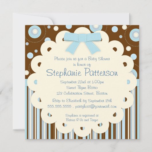 それは青のステッチのベビーシャワーの男の子のパステルです 招待状 (裏面)
