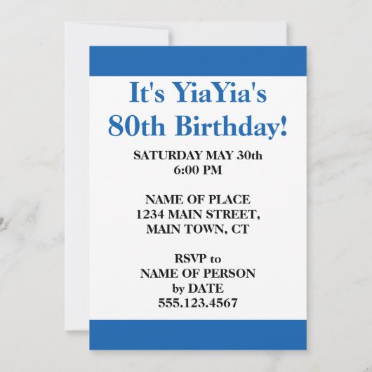 それはYiaYiaの第80誕生日のギリシャの旗の招待です 招待状 (裏面)