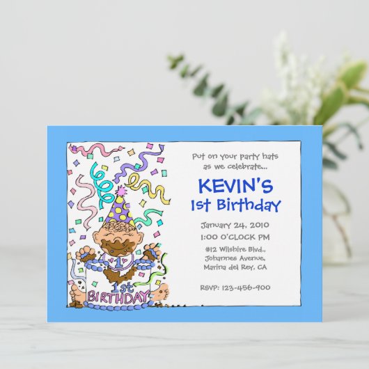 それらがケーキ-男の赤ちゃんのための第1誕生日--を食べるようにして下さい 招待状 (スタンド正面)