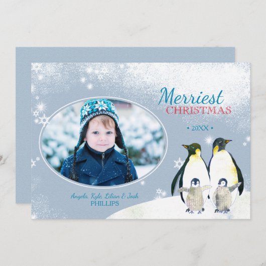 それ割り当てられる雪が降るため! ペンギン家族の休日の写真 シーズンカード (正面/裏面)