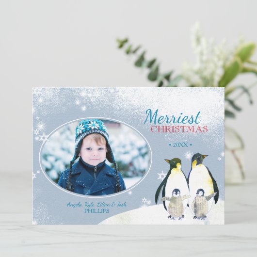 それ割り当てられる雪が降るため! ペンギン家族の休日の写真 シーズンカード (スタンド正面)