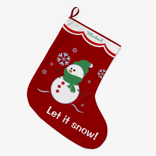 それ雪だるま割り当てられるパーソナライズな雪が降るため ラージクリスマスストッキング (正面 (吊り時))