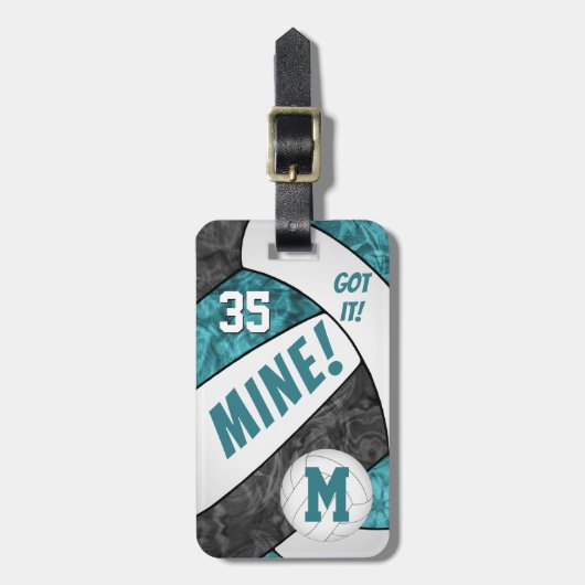 それ!女子得ティール(緑がかった色)ブラックバレーボールチームカラー ラゲッジタグ (正面縦)