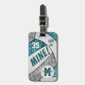 それ！女得の子ティール（緑がかった色）グレーホワイトバレーボールバッグラベル ラゲッジタグ (正面縦)