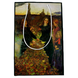 たき火で紅葉を集める少女たち ミディアムペーパーバッグ