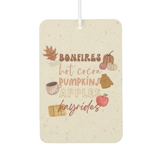 たき火、ホットココア、かぼちゃ、リンゴと乗り物 カーエアーフレッシュナー (正面)