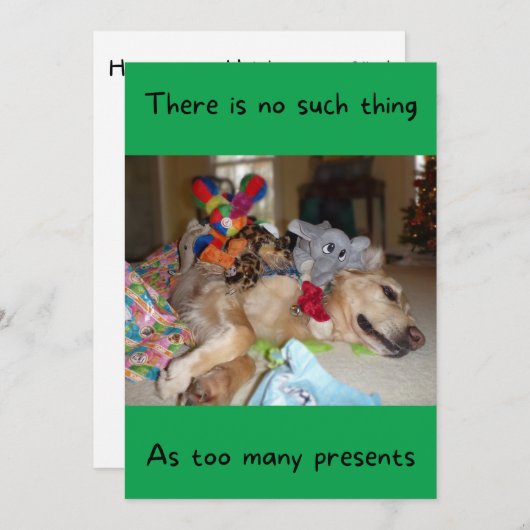 たくさんのおもしろいおもちゃを持つゴールデンレトリバーのクリスマス シーズンカード (正面/裏面)