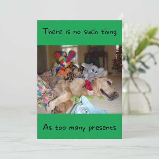 たくさんのおもしろいおもちゃを持つゴールデンレトリバーのクリスマス シーズンカード (スタンド正面)