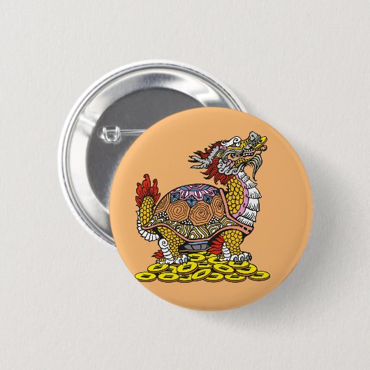 たくさんのお金の上に座っている竜の頭の亀 缶バッジ (正面&裏面)