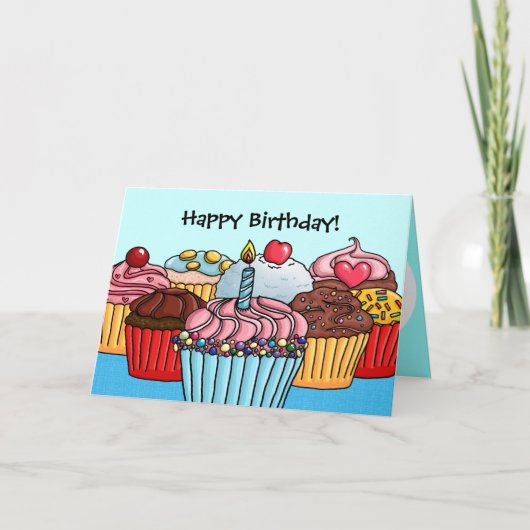 たくさんのカップケーキの誕生日カード カード (正面)