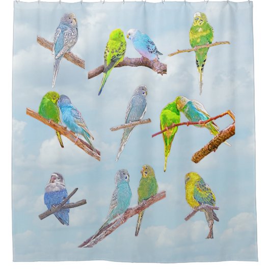 たくさんのカラフルインコ – かわいい小鳥 シャワーカーテン (正面)