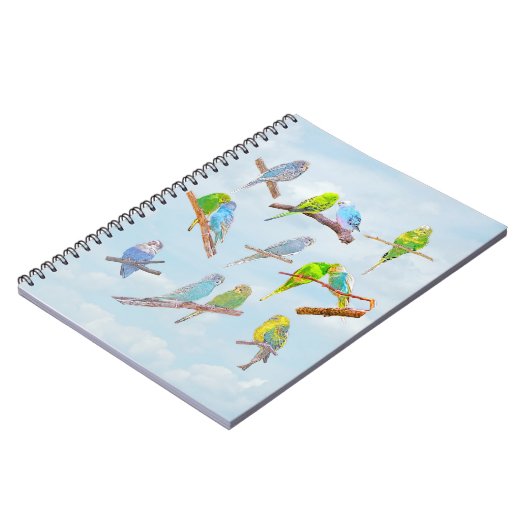 たくさんのカラフルインコ – かわいい小鳥 ノートブック (左側)