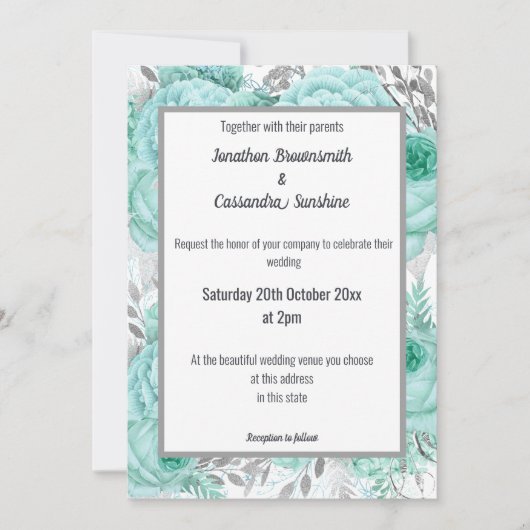 たくさんのフローラかわいらしアクアシルバーホワイト結婚ズ 招待状 (正面)