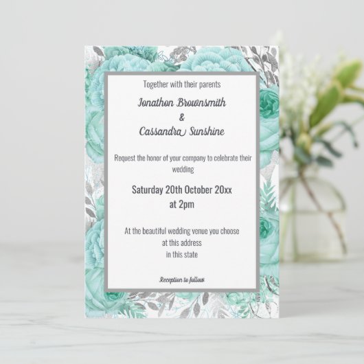 たくさんのフローラかわいらしアクアシルバーホワイト結婚ズ 招待状 (スタンド正面)