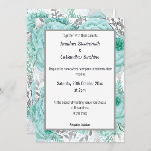 たくさんのフローラかわいらしアクアシルバーホワイト結婚ズ 招待状 (正面/裏面)