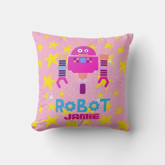 たくさんのロボットと名付けられた女子ロボットデコールピンク クッション (正面)