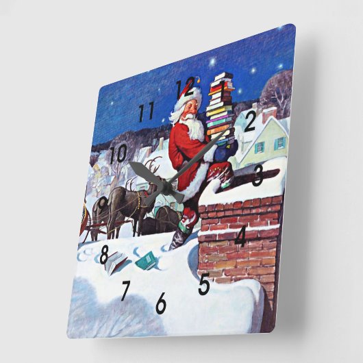 たくさんの本を届けるサンタ スクエア壁時計 (傾斜)