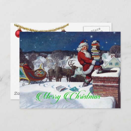 たくさんの本を届けるサンタ ポストカード (正面/裏面)