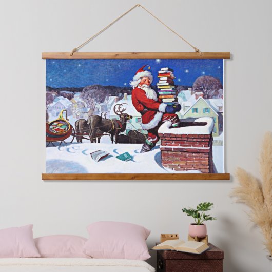 たくさんの本を届けるサンタ 吊り下げ型タペストリー (寝室)