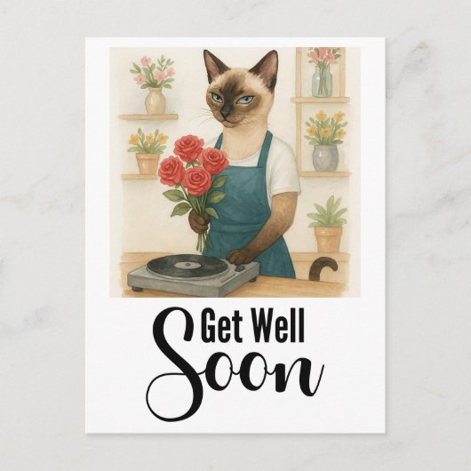 たくさんの花に囲まれた猫 早く治ってね ポストカード (正面)