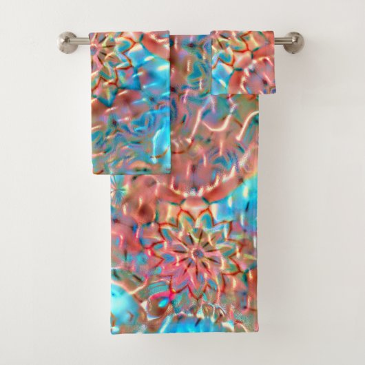 たたきガラスの下で開花した桃とアクア バスタオルセット (インサイチュ)