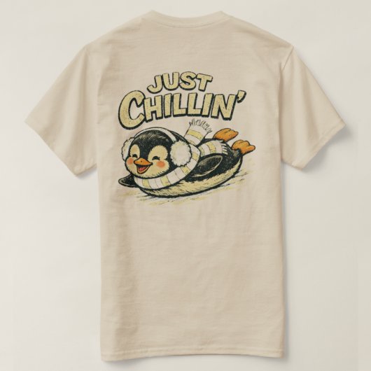 「ただリラックス」ゆったりペンギンデザイン Tシャツ (デザイン裏面)